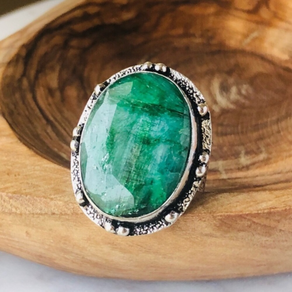 Green Emerald Silver Ring